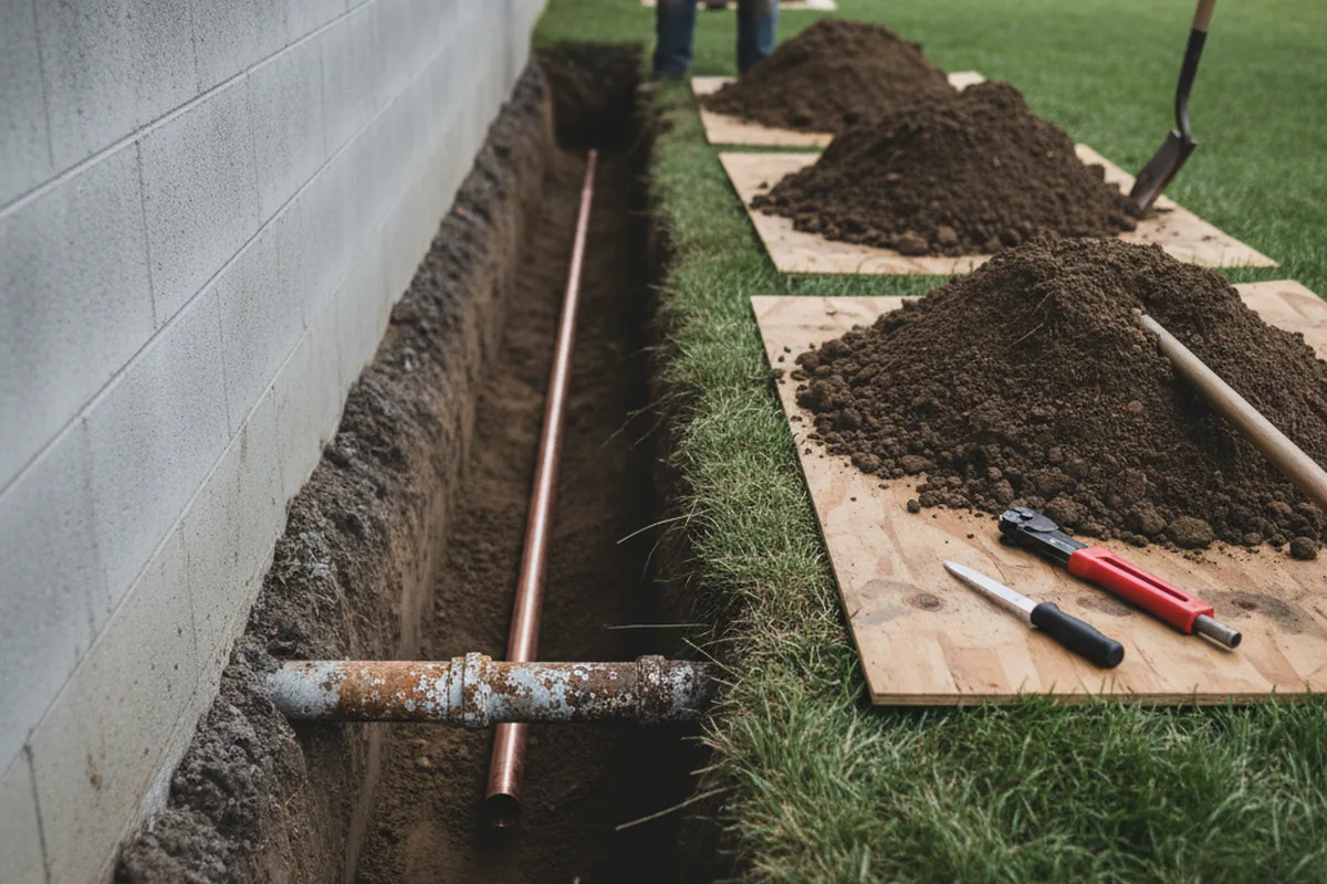 Excavated water line trench during Sewer Line Repair in Erie